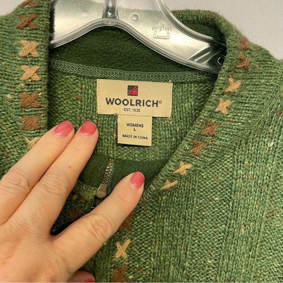 Women's WOOLRICH Green Ramie Wool Blend 1/2 Zip Sweater Size Large Trim - Picture 3 of 12
